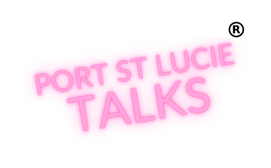 Port St. Lucie Talks logo in pink neon text.