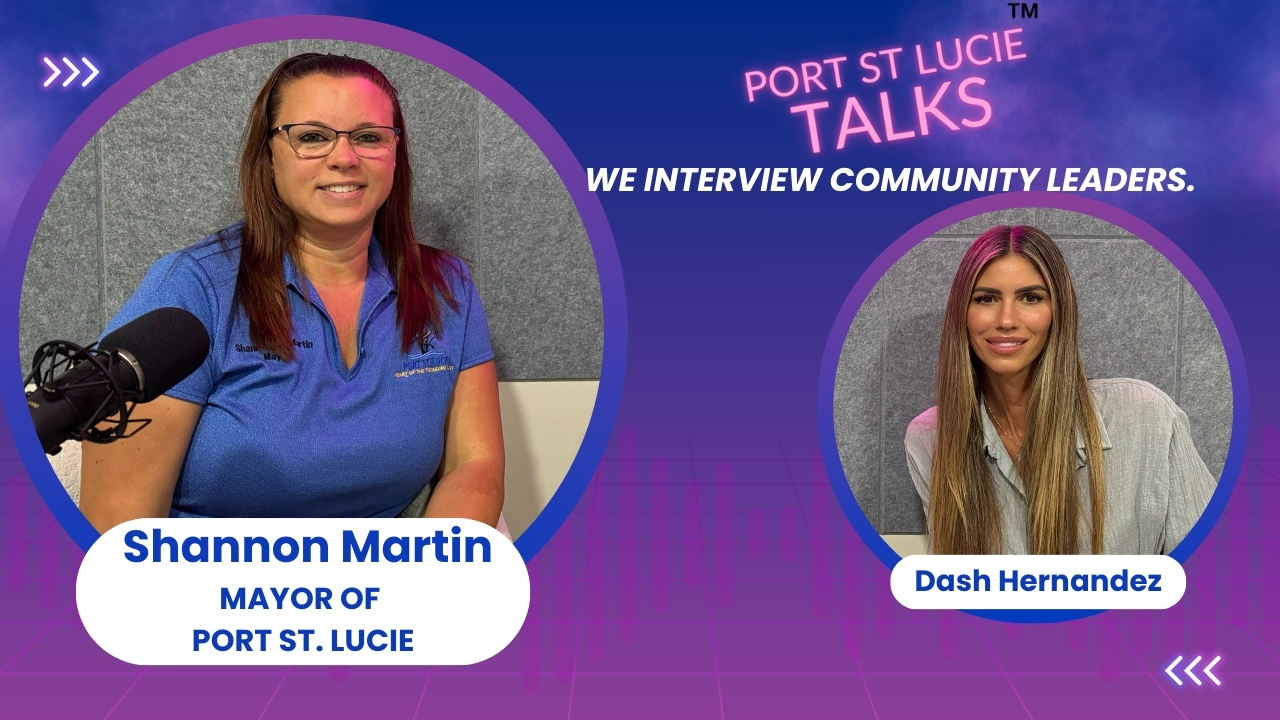 Shannon Martin, Mayor of Port St. Lucie, and Dash Hernandez, Host of Port St. Lucie Talks, during an interview.