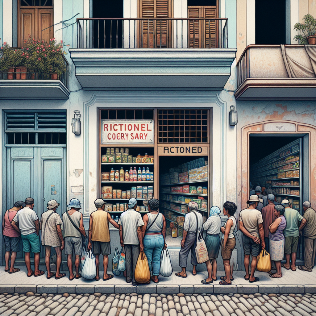 Alt text: "Cuban family waiting in a long queue at a grocery store amid food shortage crisis, showcasing daily struggles and resilience."
