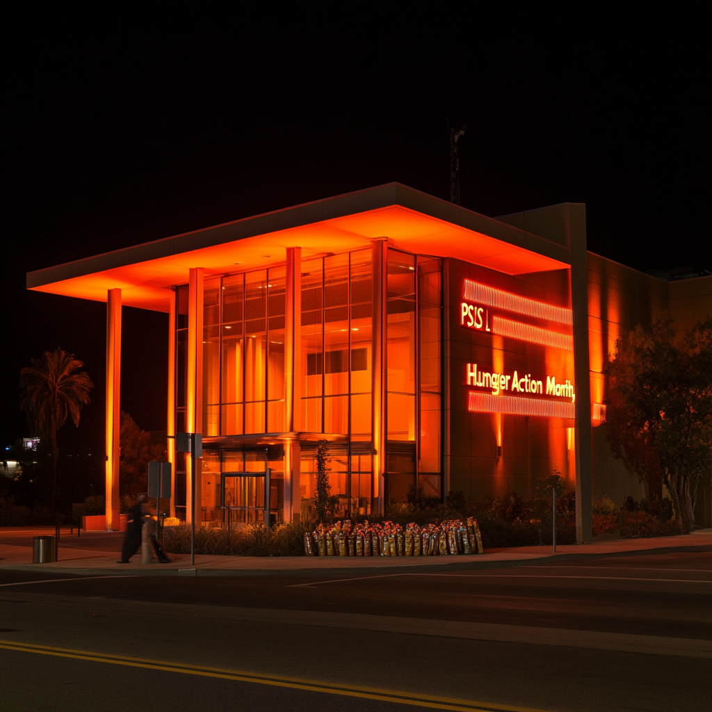 psl-police-support-hunger-action-month-with-light-up-orange-campaign - Port St Lucie Talks PSLPD building lit in orange for Hunger Action Month, supporting Treasure Coast Food Bank to raise hunger awareness in America.