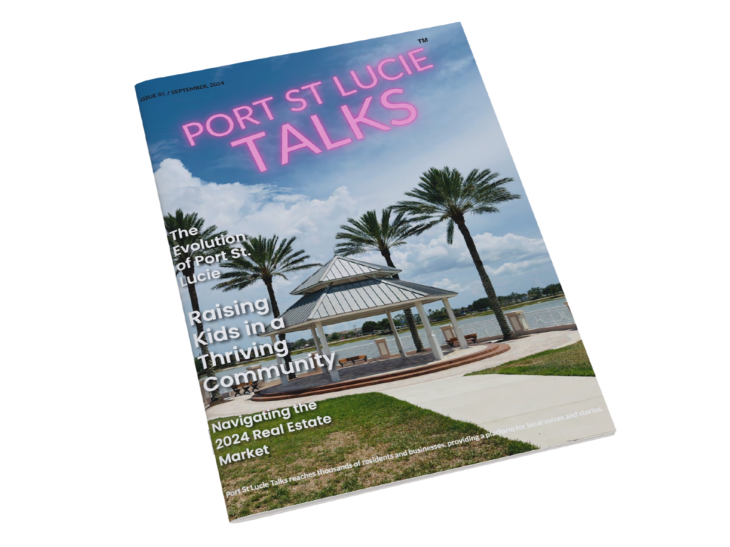 Cover of "Port St. Lucie Talks" magazine, September 2024 issue, featuring a picturesque gazebo by a lakeside, framed by palm trees and a bright sky.