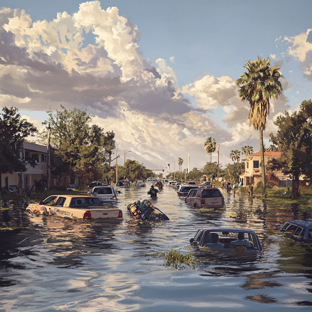 tampa-flooding-after-hurricane-milton-impact-recovery - Port St Lucie Talks Aerial view of Tampa flooded by Hurricane Milton with submerged cars and streets showcasing extensive water damage and community impact