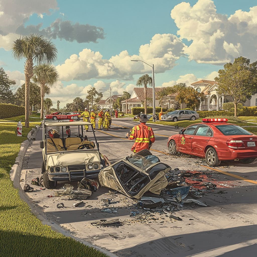 golf-cart-collision-injures-driver-in-port-st-lucie - Port St Lucie Talks Golf cart and car collision accident scene in Port St. Lucie road, highlighting safety concerns for golf cart drivers and larger vehicles