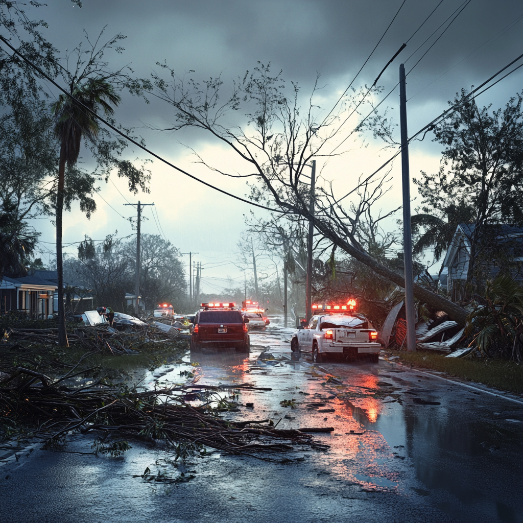 st-lucie-county-fatalities-in-hurricane-miltons-wake - Port St Lucie Talks Image depicting devastation in St. Lucie County after Hurricane Milton, showing destroyed homes and uprooted trees.