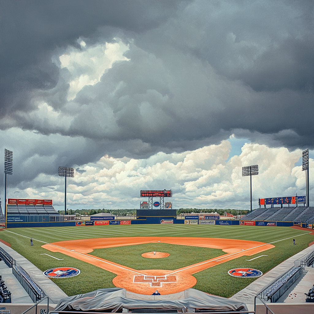 Baseball game suspension between Binghamton Mets and Clearwater Threshers; fans and players await rescheduled match date.