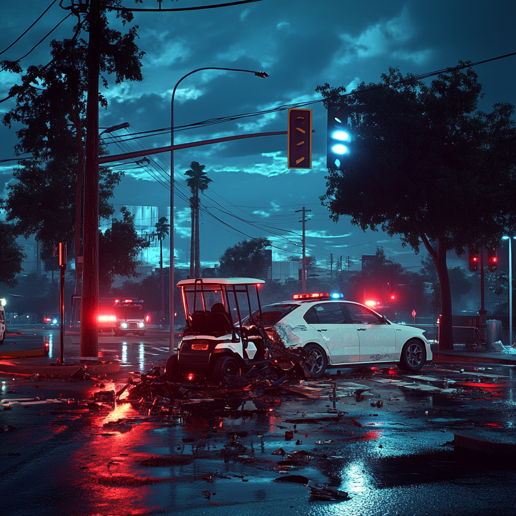 Image depicting a crash scene between a white car and a golf cart at a Port St. Lucie intersection, highlighting roadway safety issues