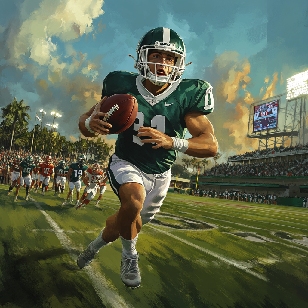 Jordan Quillen scoring a touchdown for Port St Lucie football team against Okeechobee highlighting his six total touchdowns