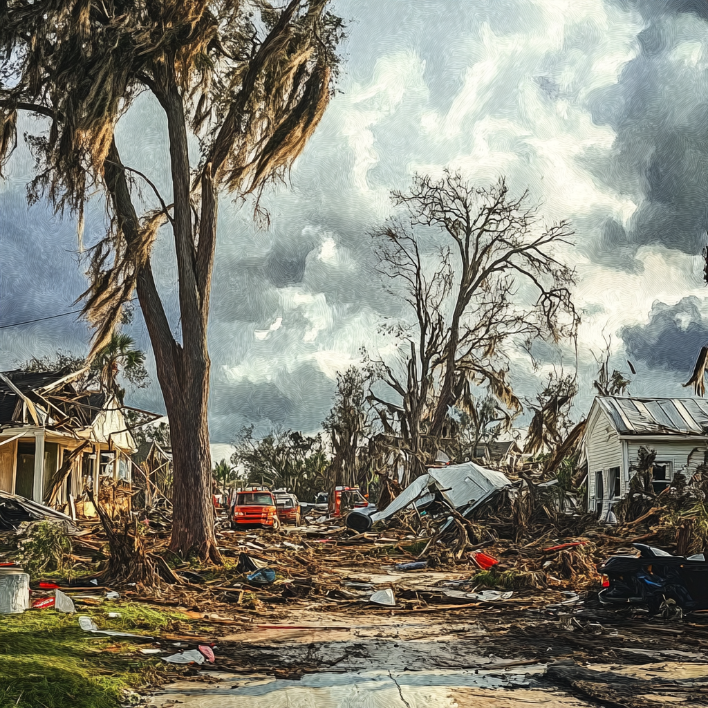 Image depicting aftermath of suspected tornadoes in Saint Lucie County with damaged homes and uprooted trees in devastated area