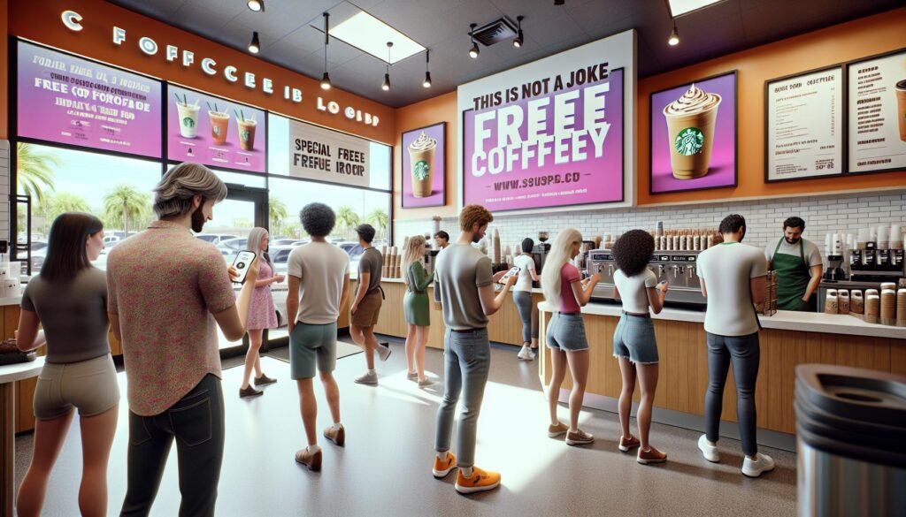 Dunkin Free Coffee April Fools Promo - Port St Lucie Talks Dunkin' coffee cup with April Fools free coffee promo signage