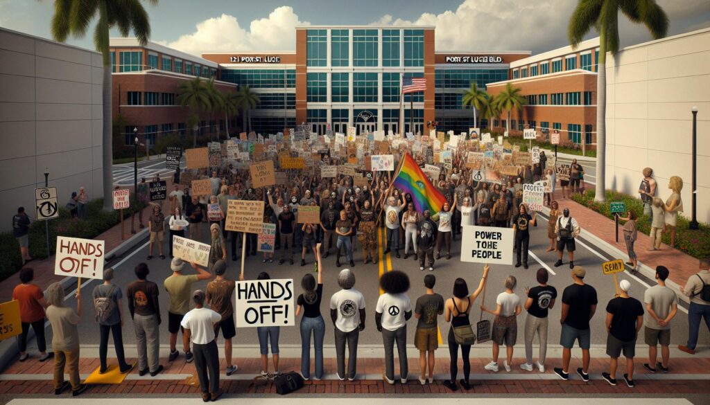 Crowd at Hands Off protest in Florida holding signs against Trump and Musk