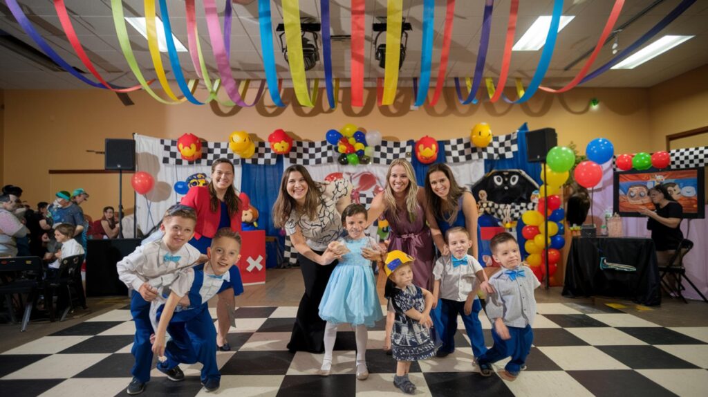 Mothers and young sons dancing at Mario Kart-themed event in Port St. Lucie
