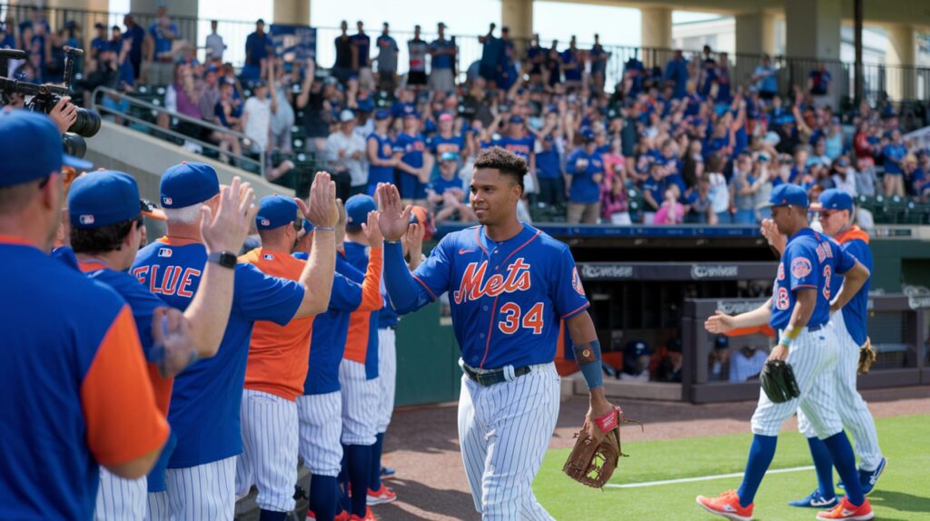 Port St. Lucie Mets celebrate victory over Tampa Tarpons at Clover Park on Education Day