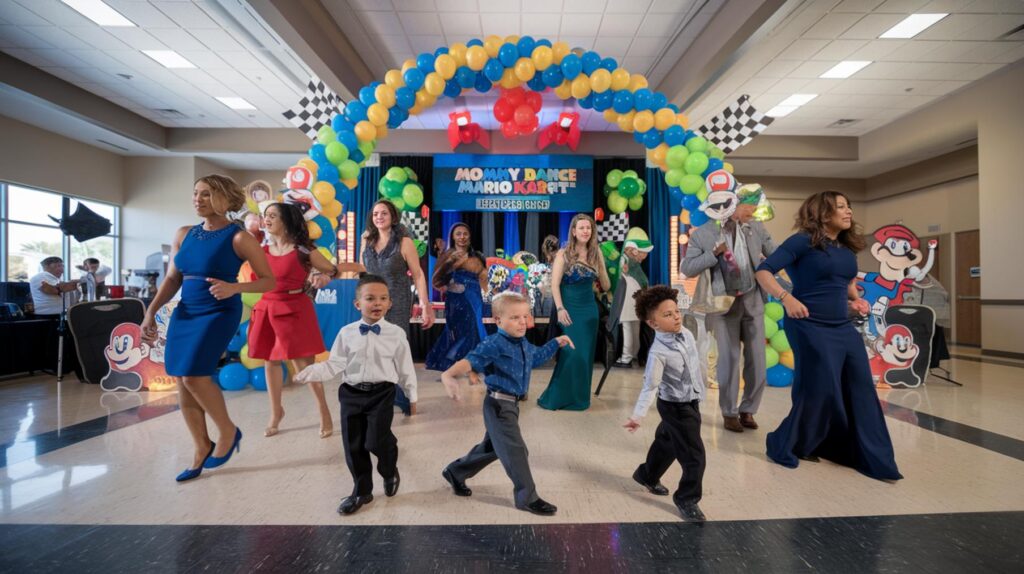 Moms and sons dancing at Port St. Lucie Mario Kart themed event