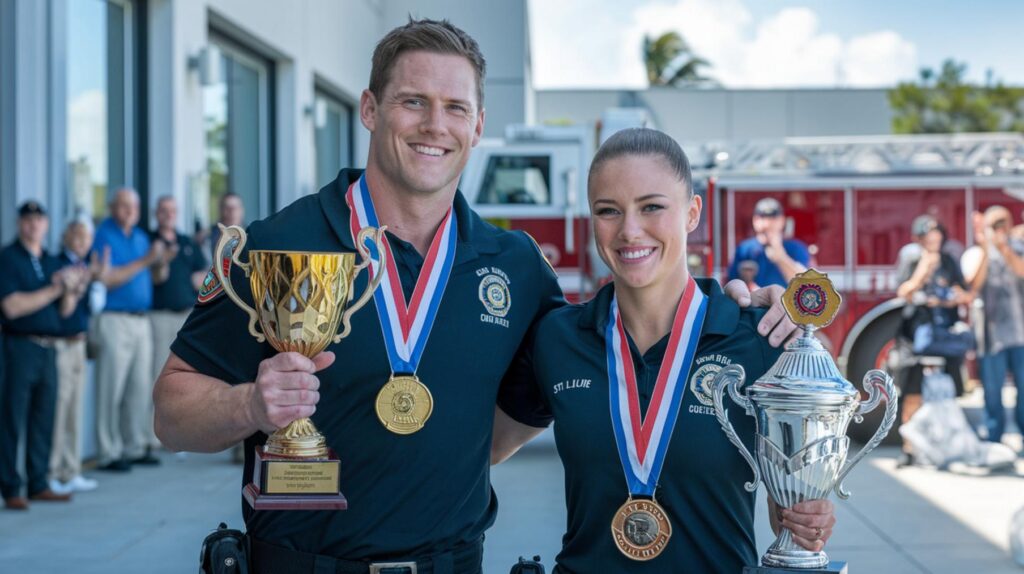 St. Lucie County firefighters Brian Riebe and Kayla Gammie win awards at the World Firefighter Challenge.
