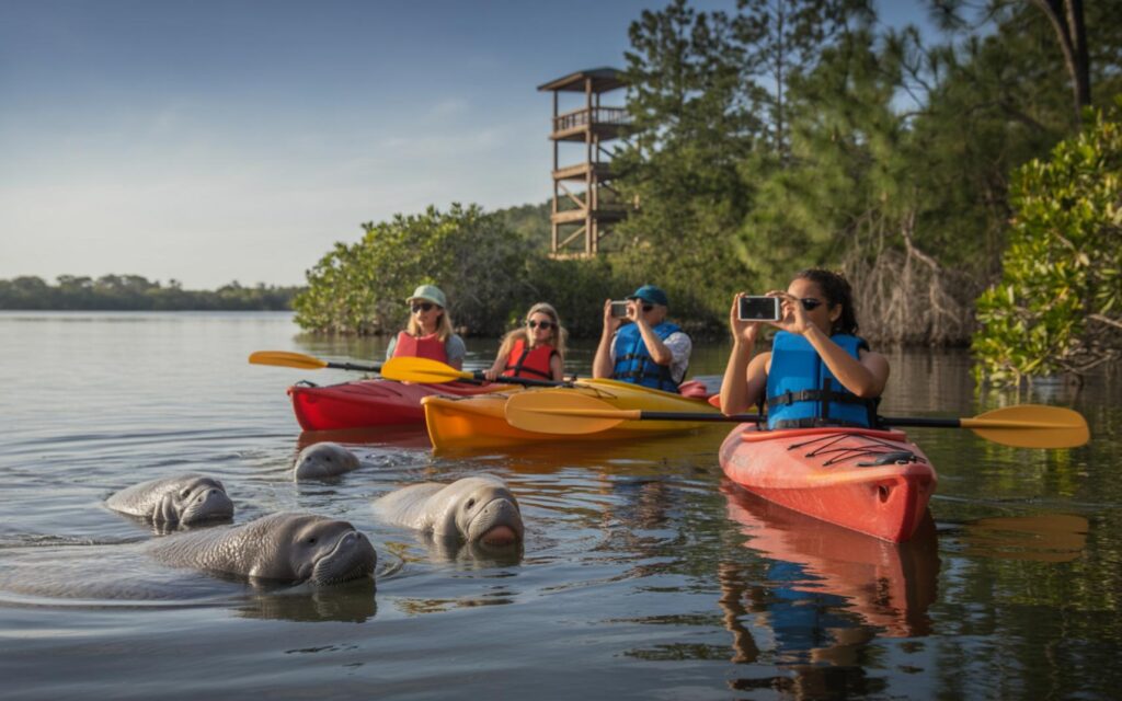People kayaking alongside manatees in Round Island Riverside Park near Port St. Lucie