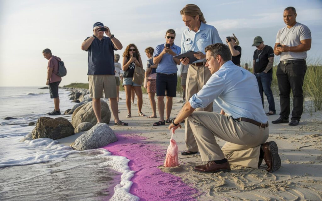Pink Sand Phenomenon at Fort Pierce Jetty - Port St Lucie Talks Pink sand and seafoam at Fort Pierce Jetty caused by macroalgae Ulva, with beachgoers nearby.