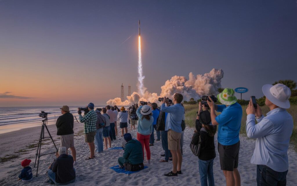SpaceX Falcon 9 rocket launching Starlink satellites at dawn over Florida beaches