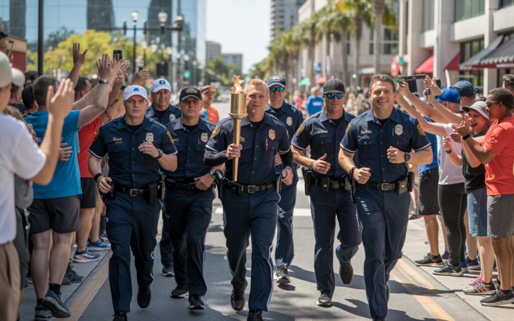 Officers running with the Special Olympics torch in St Lucie County, Florida
