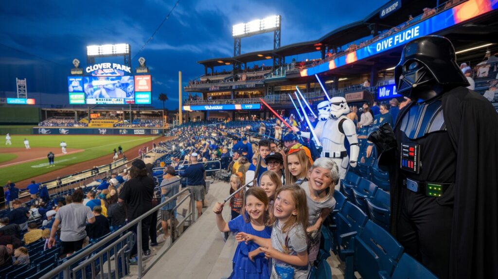 Star Wars characters meeting fans at St. Lucie Mets Star Wars Night in Clover Park