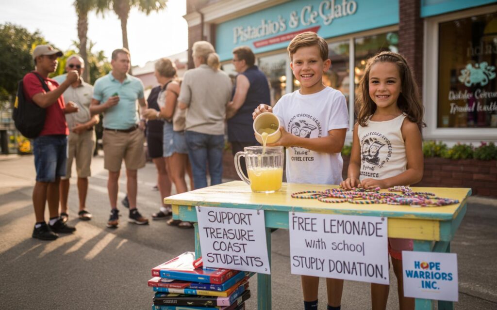 Kids Lemonade Stand in Port St. Lucie Supports Students - Port St Lucie Talks Andrew and Vanessa Lijoi serve lemonade at a Treasure Coast school supply donation stand.