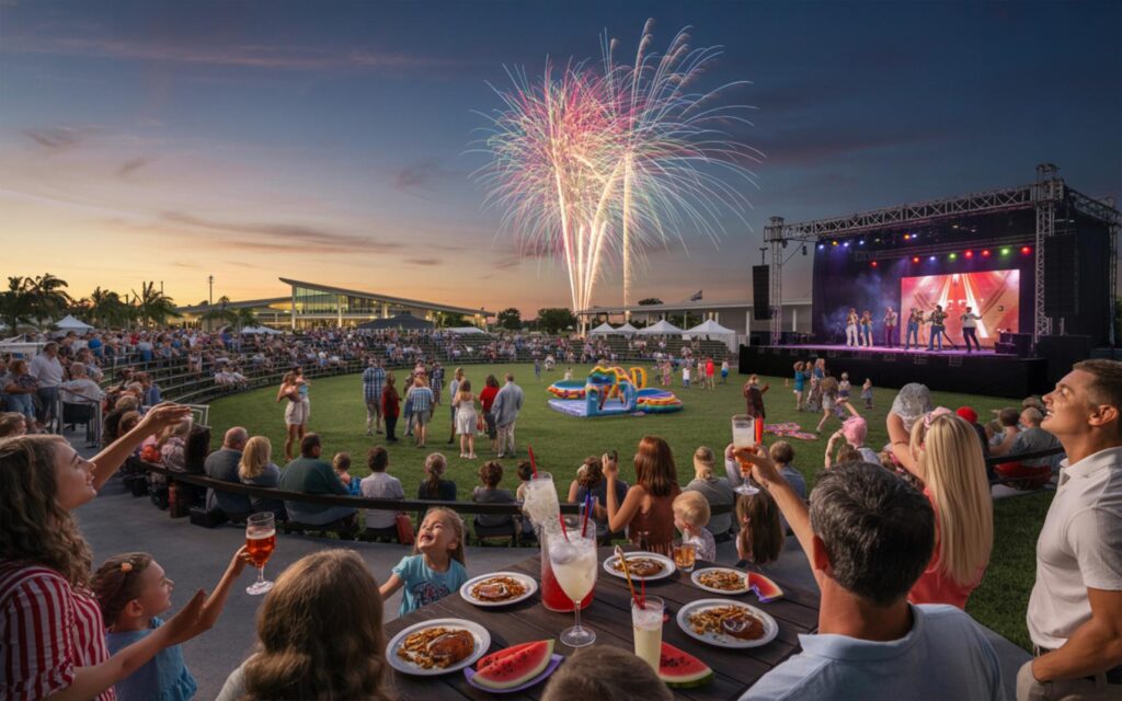 Colorful fireworks over MIDFLORIDA Event Center during Port St Lucie Independence Day 2025