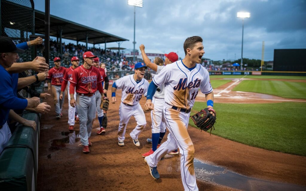 Port St. Lucie Mets players celebrate after defeating Palm Beach Cardinals in 11 innings