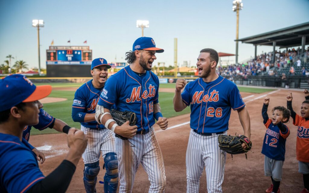 Port St. Lucie Mets pitchers celebrate shutting out Palm Beach Cardinals at Clover Park.