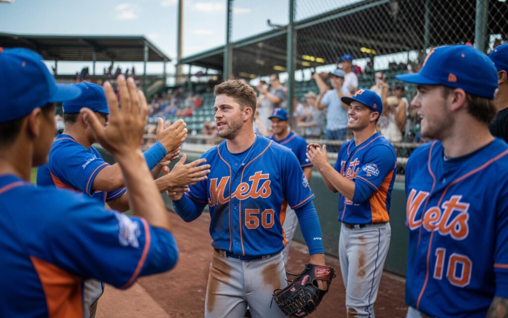 St. Lucie Mets celebrate a 6-0 shutout win over the Jupiter Hammerheads on the baseball field.