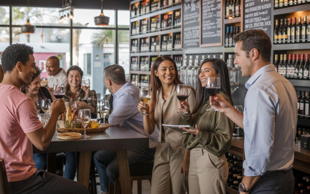 Interior of a Port St Lucie wine bar with people enjoying glasses of wine