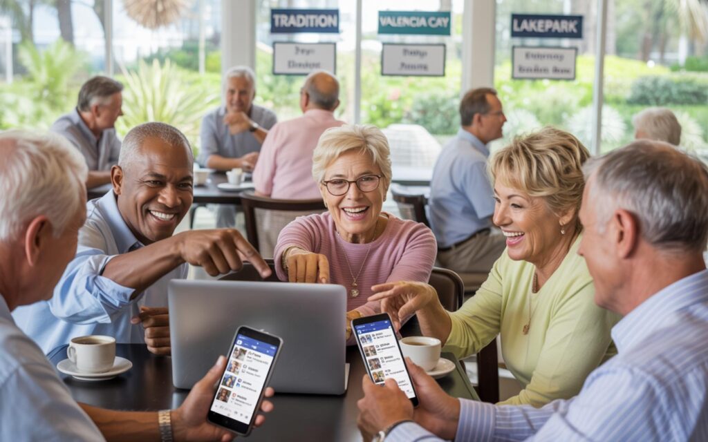 Seniors engaging online in Port St. Lucie 55+ Facebook group discussions