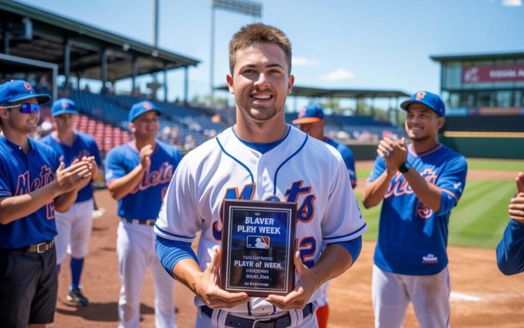 Nick Roselli of St. Lucie Mets holding FSL Player of the Week award in Port St. Lucie