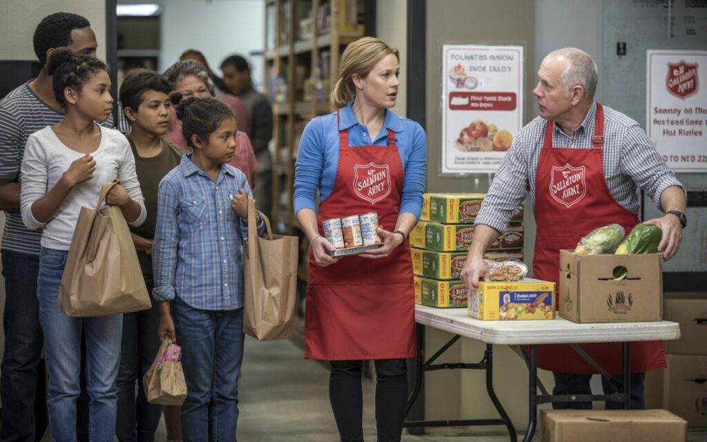 Salvation Army staff hand out groceries to families in St. Lucie food pantry.