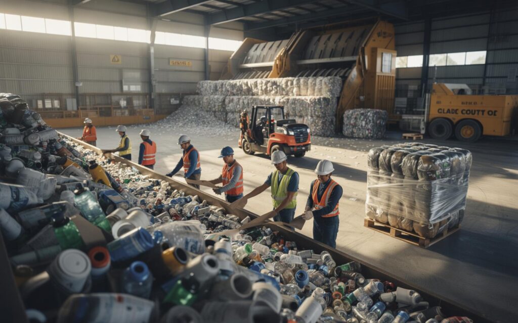 Workers sorting recyclable materials at St Lucie County recycling and baling facility.
