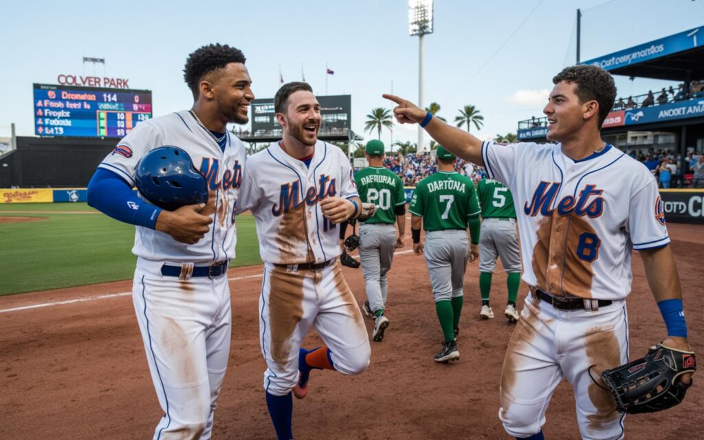 St. Lucie Mets players cheer after dominating Daytona Tortugas with 18 hits at Clover Park