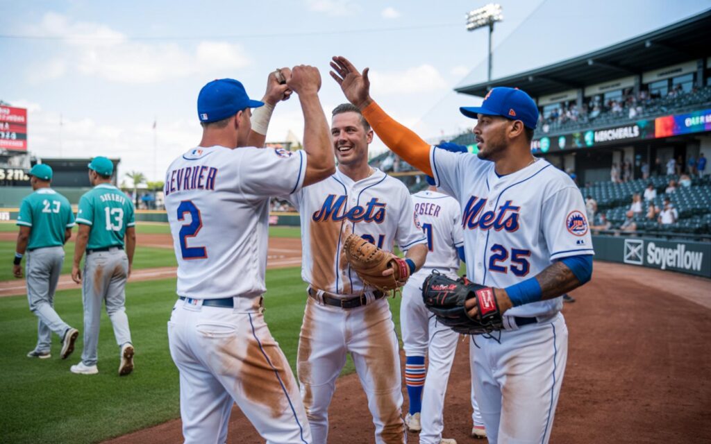 St. Lucie Mets players high-five after defeating Jupiter Hammerheads 6-1 at Roger Dean Chevrolet Stadium.