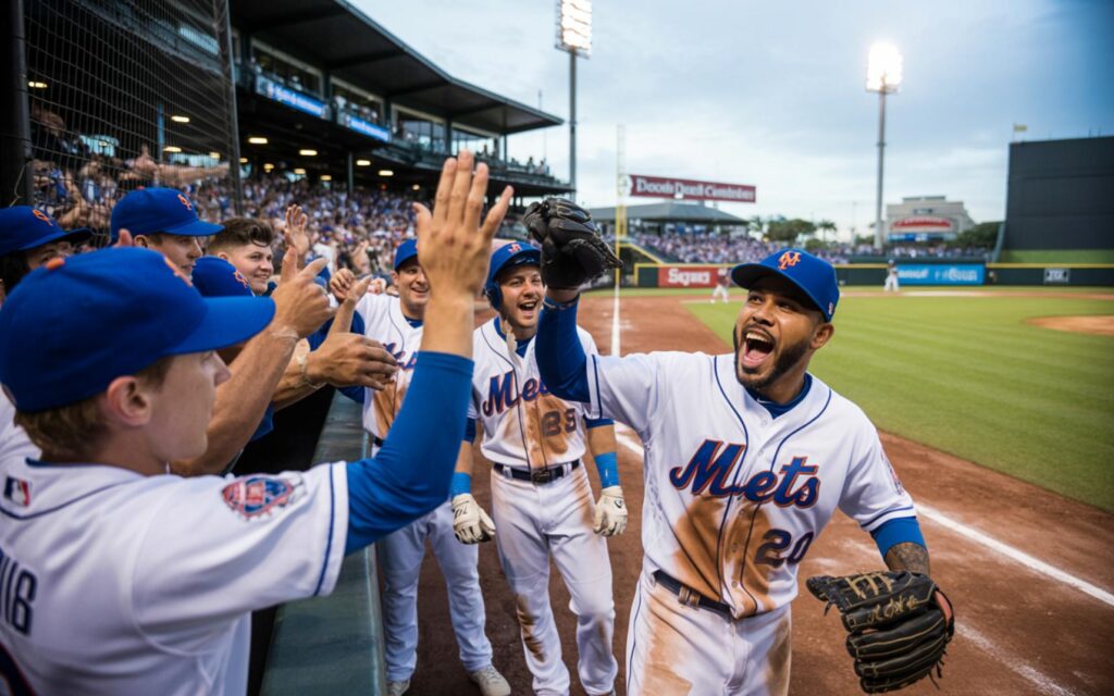 St. Lucie Mets baseball team celebrates victory after comeback against Jupiter Hammerheads.