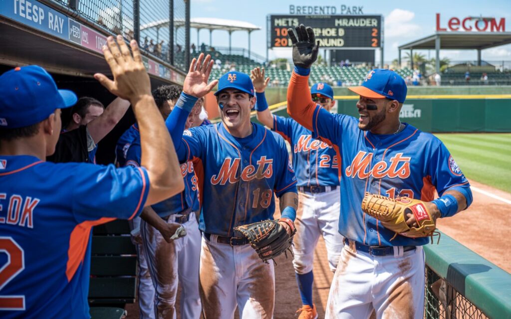 St. Lucie Mets players celebrate at LECOM Park after 22-hit win over Bradenton Marauders