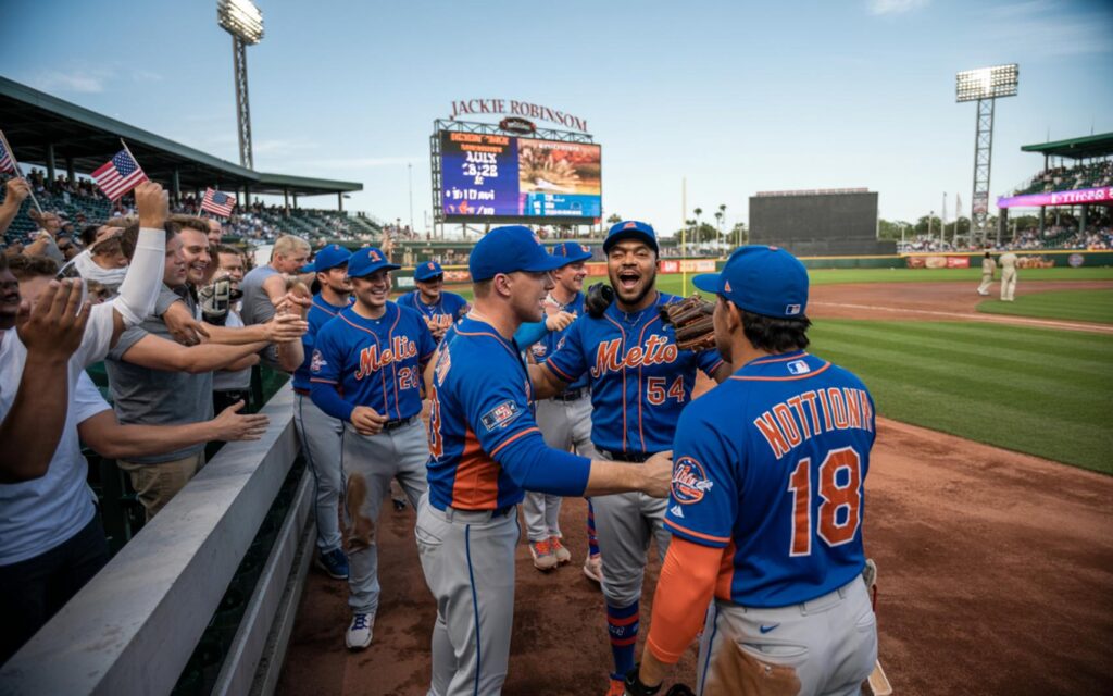 St. Lucie Mets team celebrates at Jackie Robinson Ballpark after defeating the Daytona Tortugas 6-2.