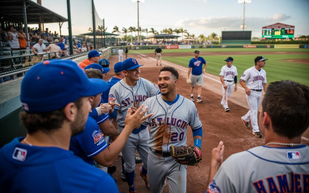St. Lucie Mets team celebrates win over Jupiter Hammerheads at Roger Dean Stadium