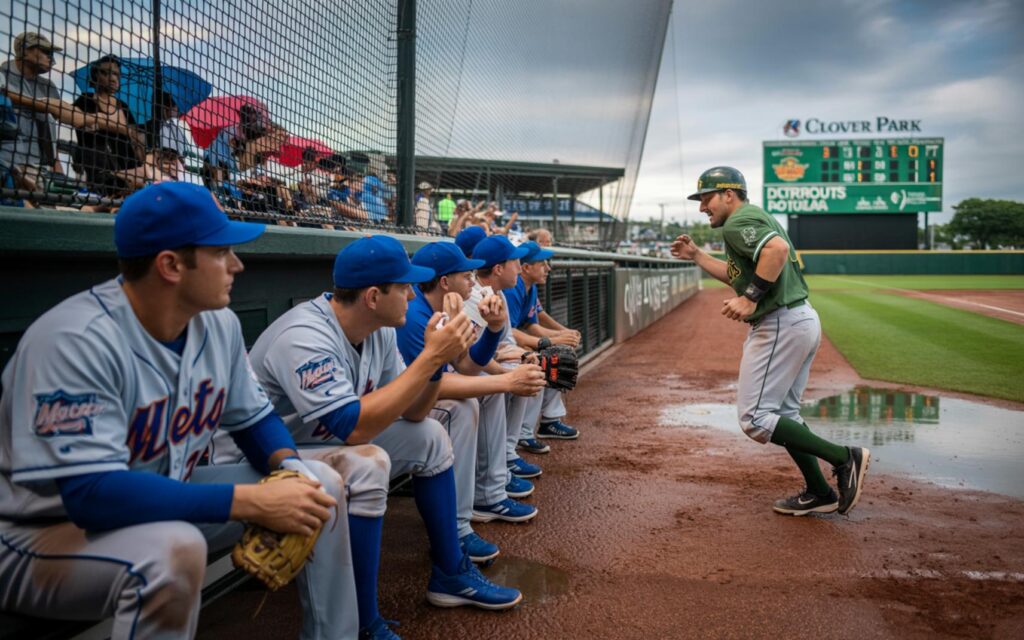 St. Lucie Mets playing Daytona Tortugas at Clover Park during 2025 rain-delayed game