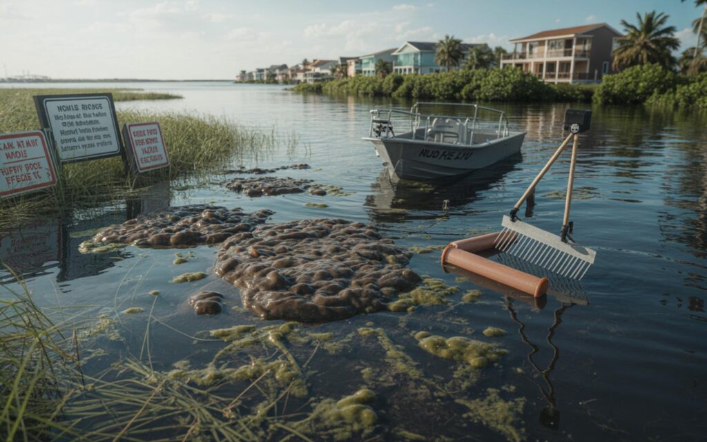 Large brown mats of blue-green algae dapis pleousa in Indian River Lagoon
