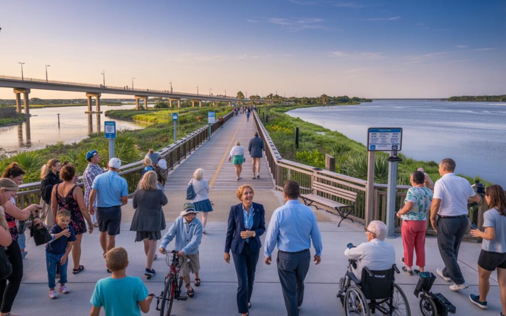 View of the Boardwalk at The Port District stretching by the St. Lucie River in Port St. Lucie.