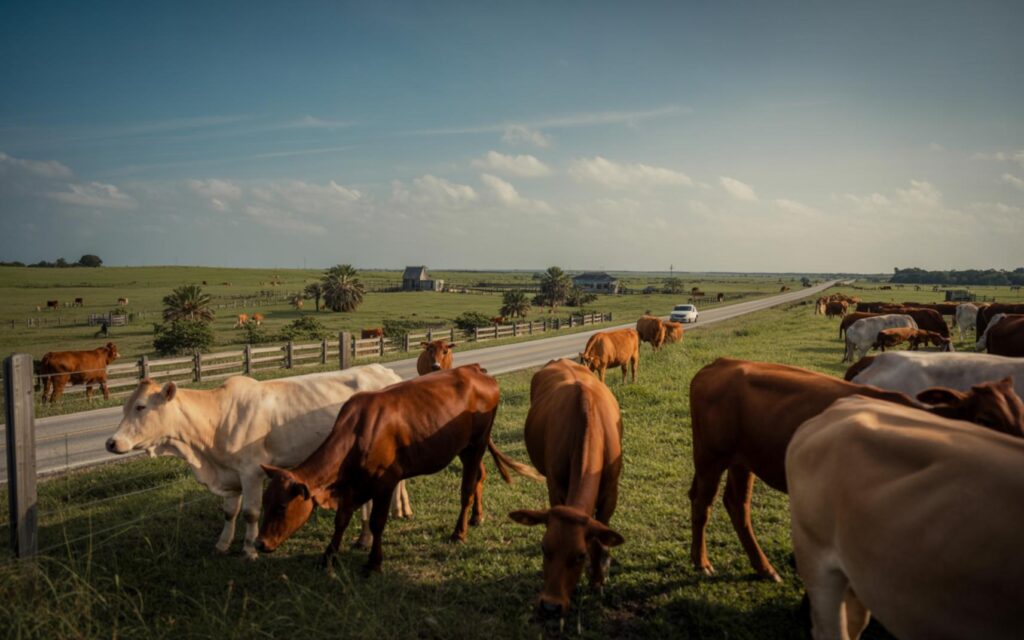 Grazing cattle in open pastures along Indrio Road, St. Lucie County, Florida