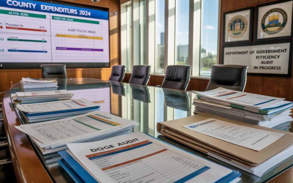 Officials reviewing Palm Beach County budget documents during Doge audit for spending transparency