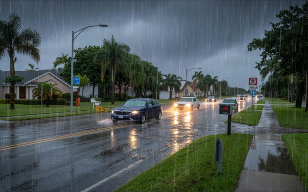 Dark storm clouds with heavy rain in Port St. Lucie, street flooded, cars driving cautiously.