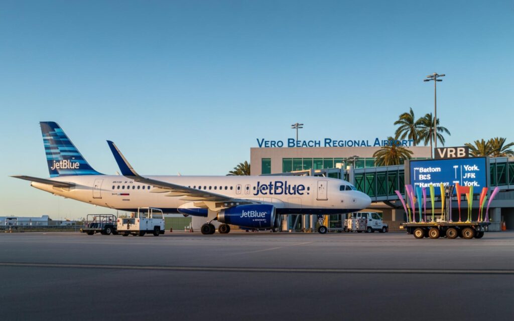 JetBlue airplane on tarmac at Vero Beach Regional Airport ready for daily flights to Boston and New York