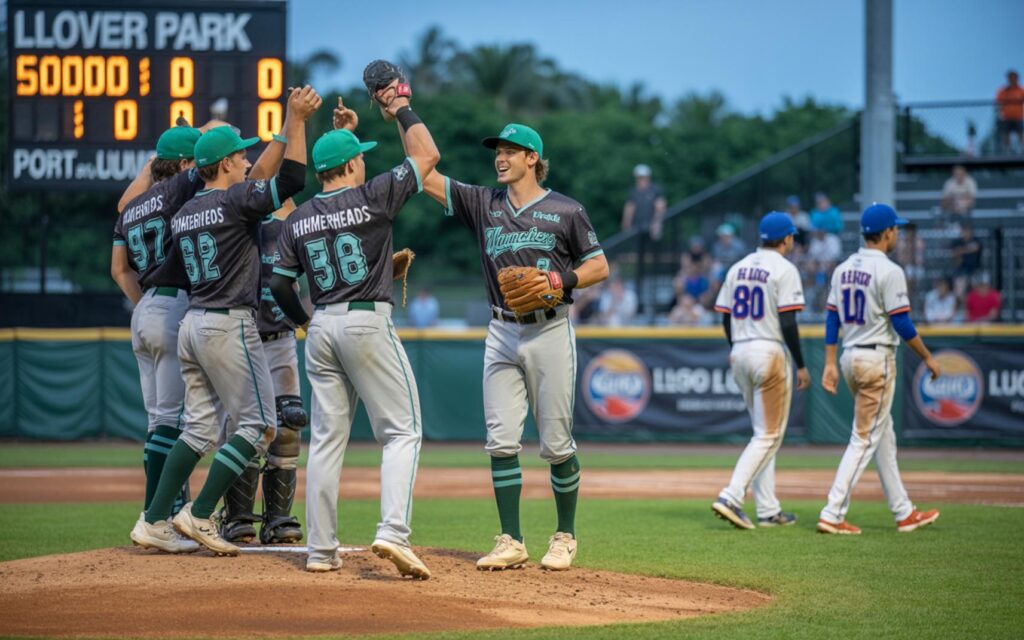 Jupiter Hammerheads players celebrating shutout victory over St. Lucie Mets at Clover Park.