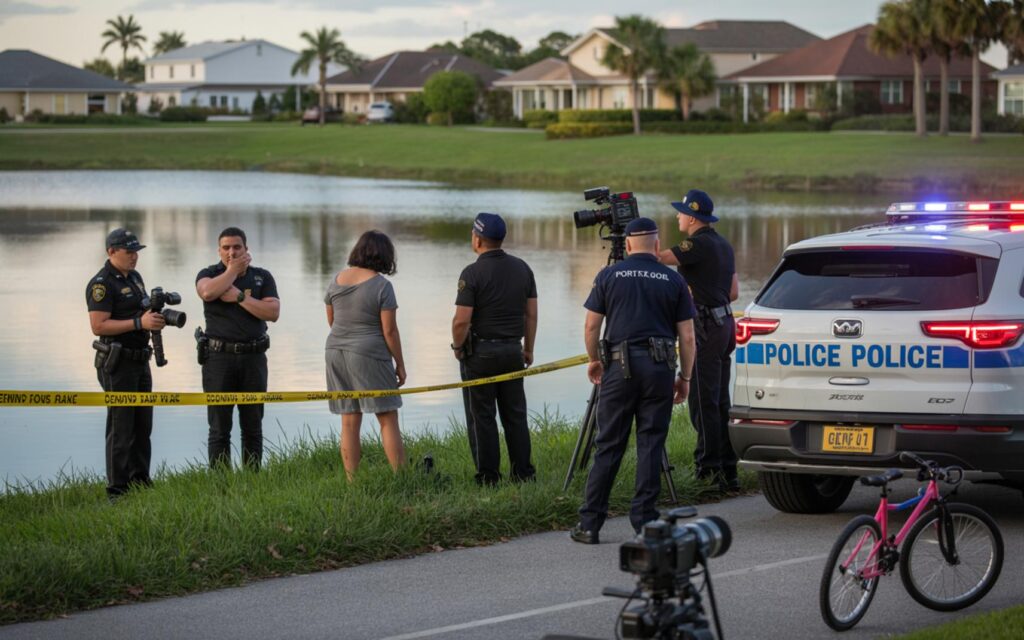 Police officers search near a Port St. Lucie lake for missing non-verbal teen Roger Rivera