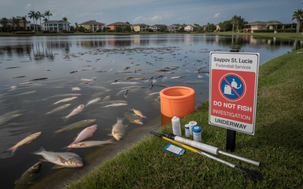 Dead fish on Sawgrass Lakes water surface in Port St. Lucie amid ongoing investigation
