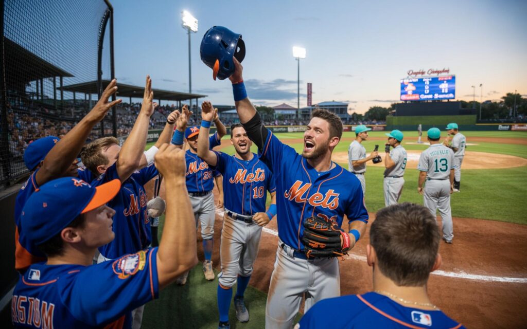 St. Lucie Mets players celebrate a win over Jupiter Hammerheads at Roger Dean Chevrolet Stadium